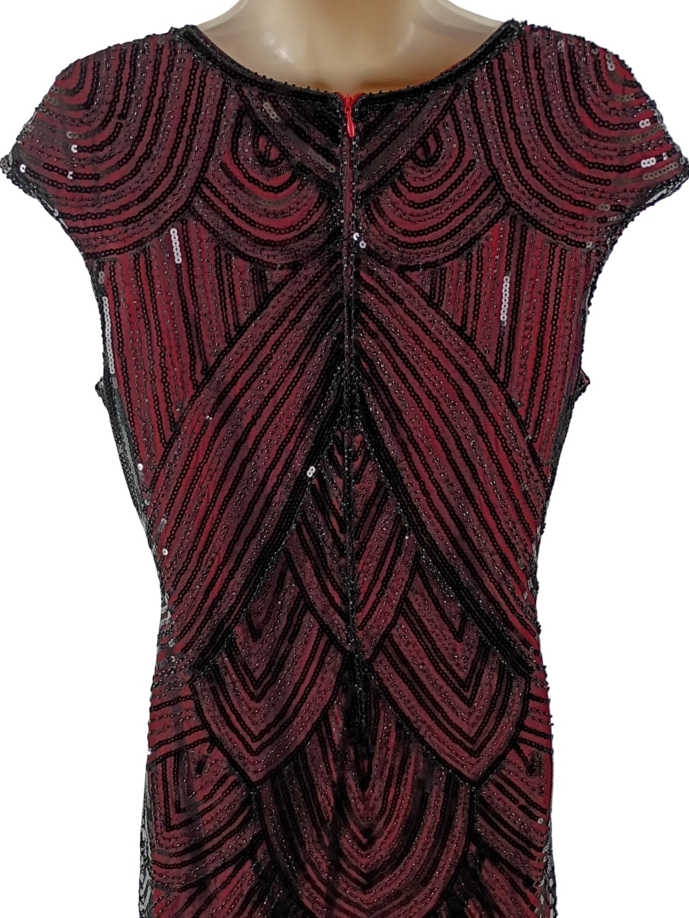 Flapper Beaded Red Fringe Midi Dress with Black Accents - Picture 5 of 8
